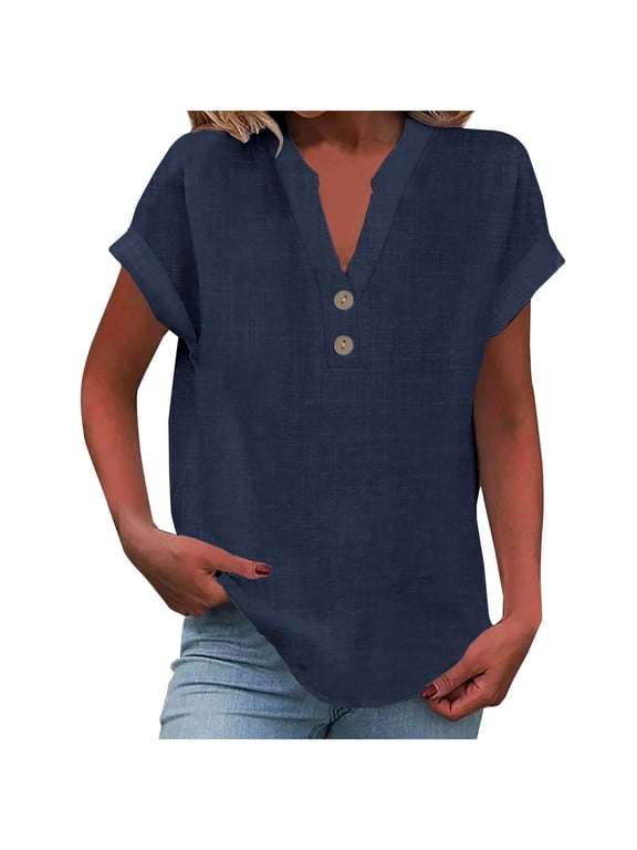 Women's Plus Size Tunic Blouse Short Sleeve Button V Neck Shirts Summer Dressy Casual Tops
