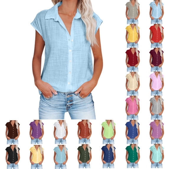 Cmfcve Womens Button Down Shirts Cotton Linen Short Sleeve Blouses 2026 Summer V Neck Basic Casual Tops for Women S-5XL