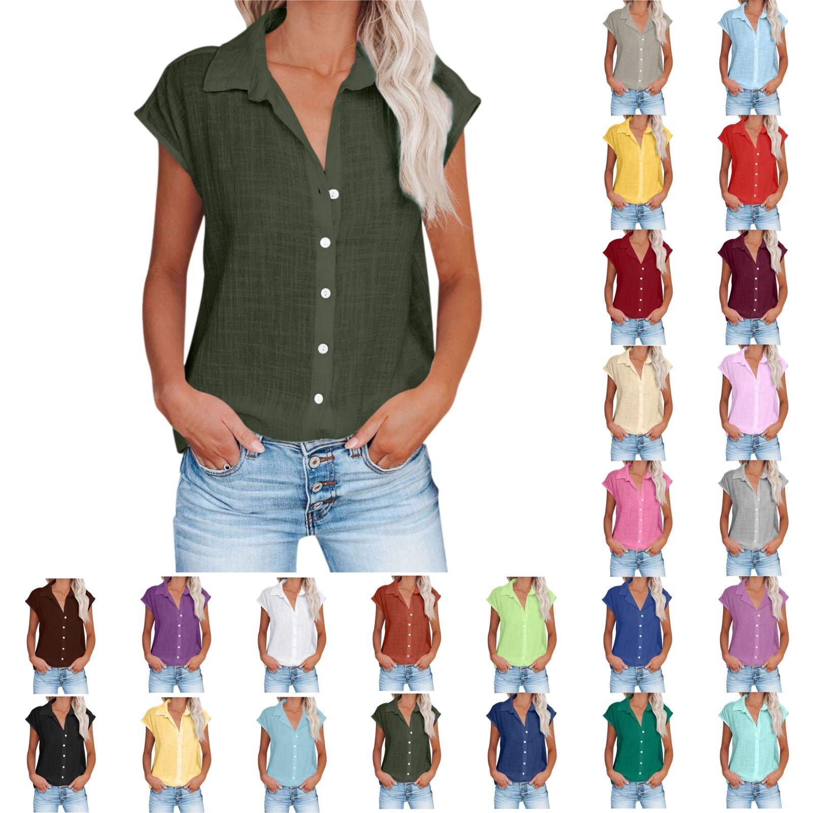 Cmfcve Women's Button Down Shirts Cotton Linen Short Sleeve S-5XL ...
