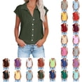 thumbnail image 1 of Cmfcve Womens Button Down Shirts Cotton Linen Short Sleeve Blouses 2026 Summer V Neck Basic Casual Tops for Women S-5XL, 1 of 7