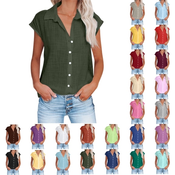 Cmfcve Womens Button Down Shirts Cotton Linen Short Sleeve Blouses 2026 Summer V Neck Basic Casual Tops for Women S-5XL
