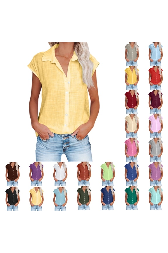 Womens Button Down Shirts Cotton Linen Short Sleeve Blouses 2026 Summer V Neck Basic Casual Tops for Women S-5XL