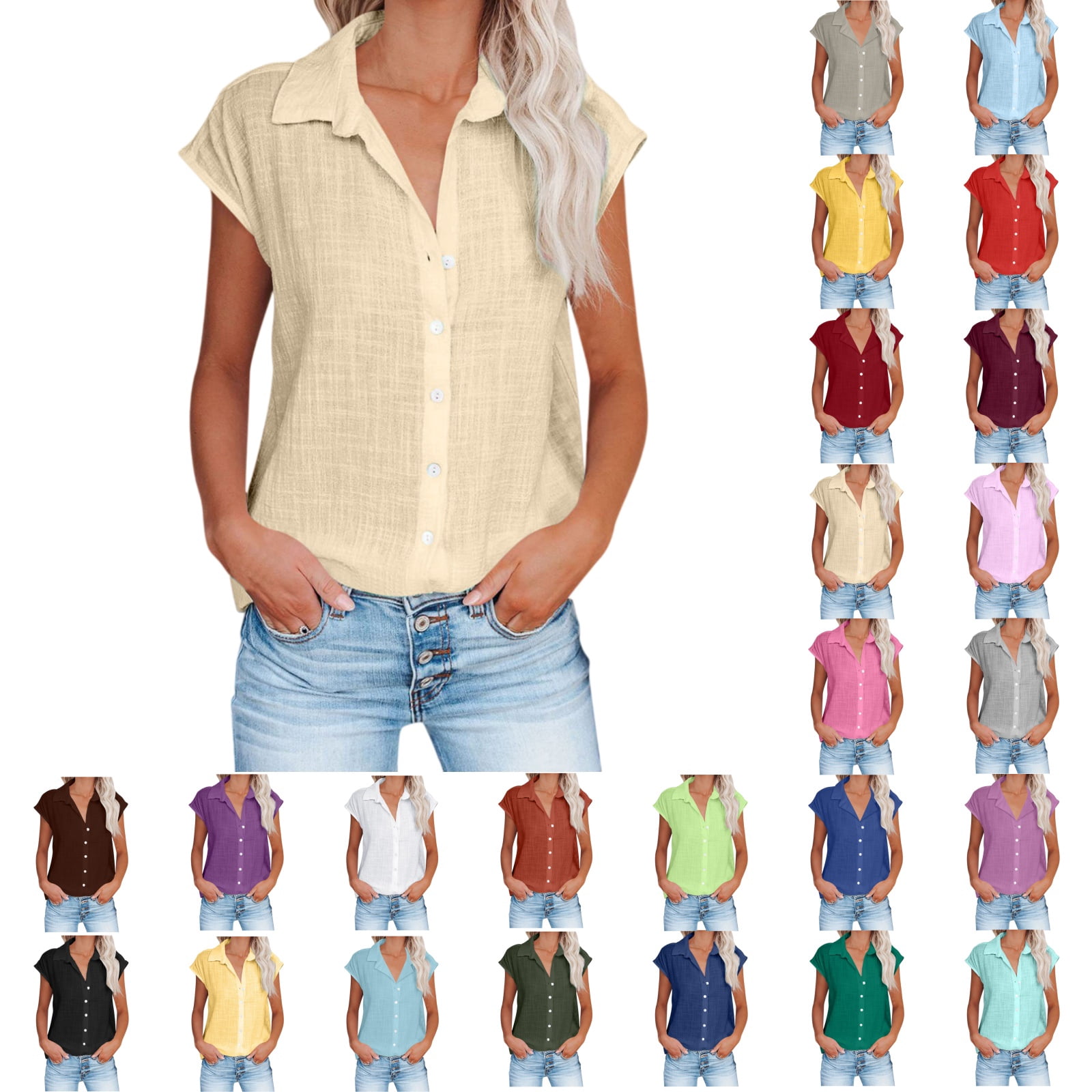 Cmfcve Womens Button Down Shirts Cotton Linen Short Sleeve Blouses 2026 ...