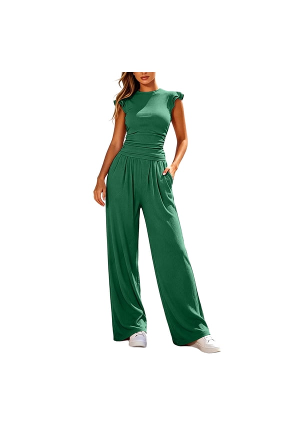 Women's 2 Piece Outfit Ruffle Cap Sleeve Ruched Top and Wide Leg Pants Set with Pockets