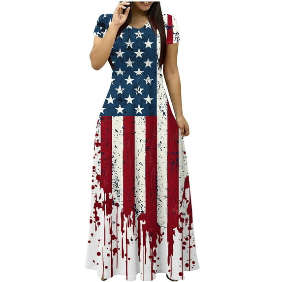 Cmfcve Women’s 4th of July Patriotic Dress Short Sleeve Round Neck Independence Day Maxi Dresses Flowy A-Line Vacation Dress with Pockets