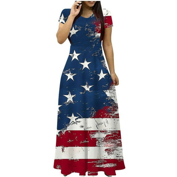 Cmfcve Women’s 4th of July Patriotic Dress Short Sleeve Round Neck Independence Day Maxi Dresses Flowy A-Line Vacation Dress with Pockets