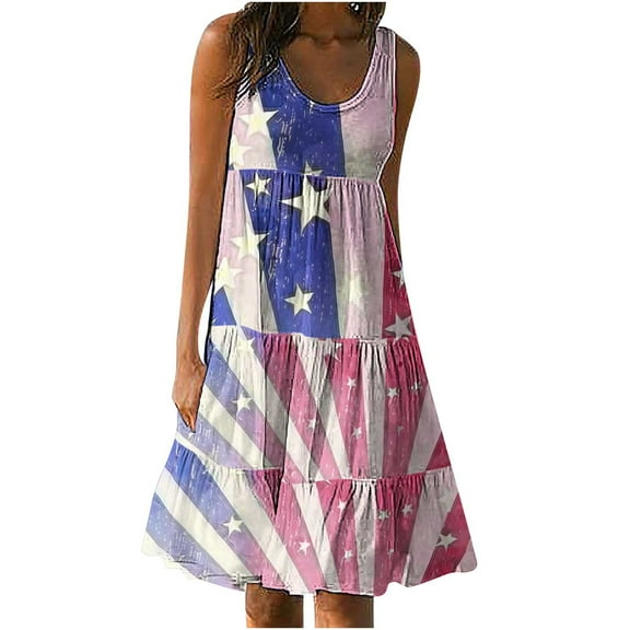 Cmfcve Women’s 4th of July Patriotic Dresses Sleeveless Round Neck Summer Midi Dress Stars Stripes Beach Vacation Dresses