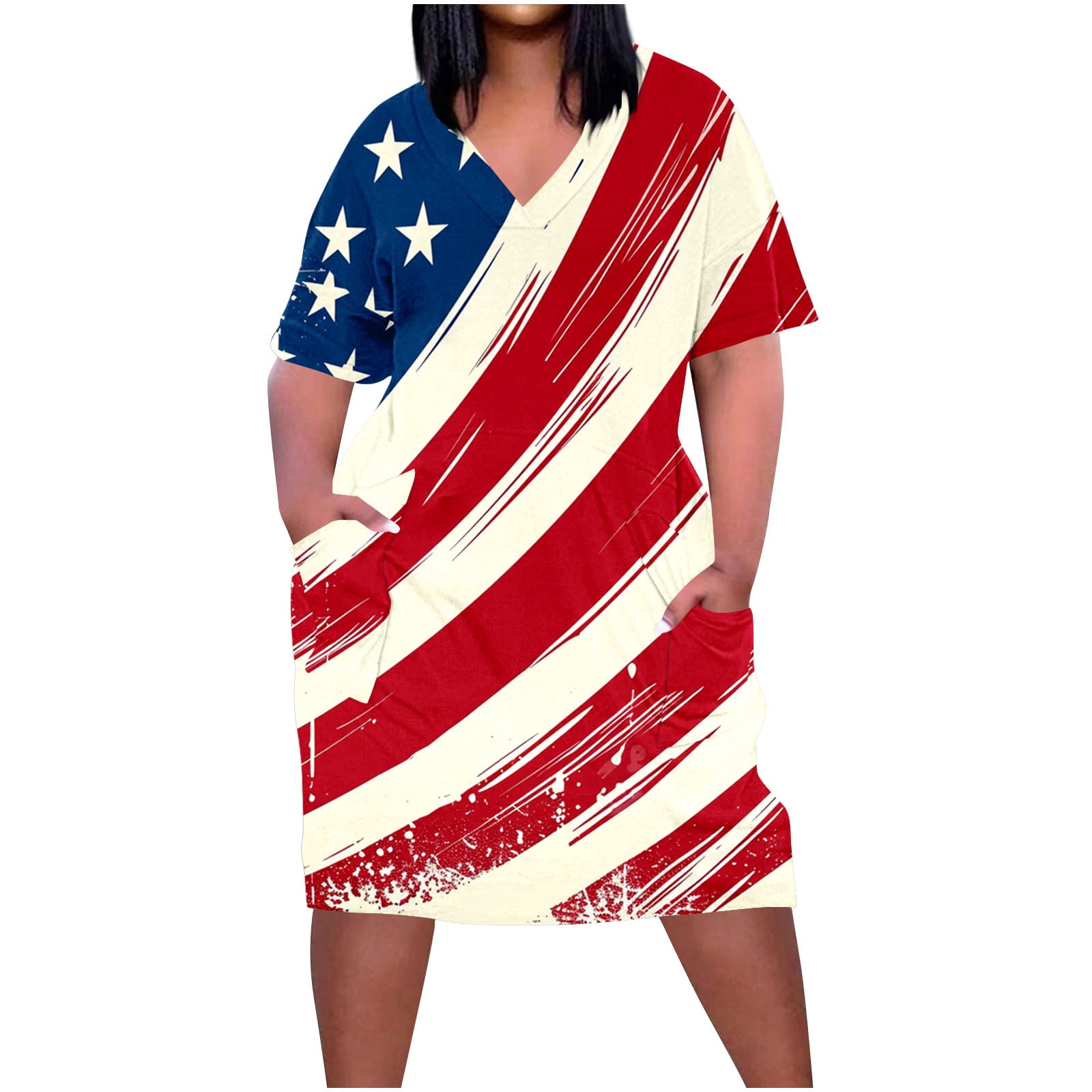 OVERWORETY Women's Plus Size Short Sleeve T-Shirt Dress - V-Neck Swing Tunic With Pockets (Wine Red Polka Dots, 3X)
