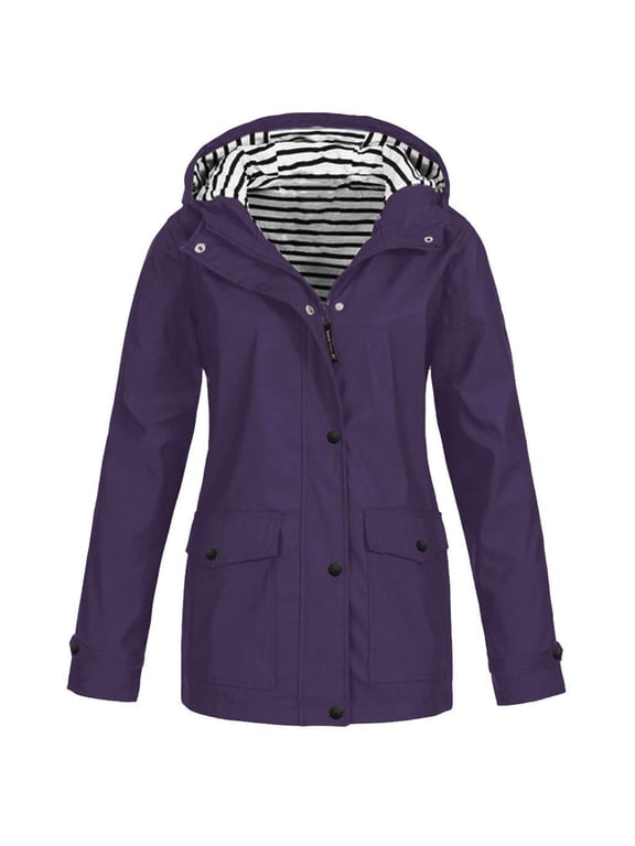 Women's Active Wind & Rain Outerwear Jacket Plus Size Long Sleeve Hooded Utility Coat Solid Color Zip Up Cardigan Tops with Pockets