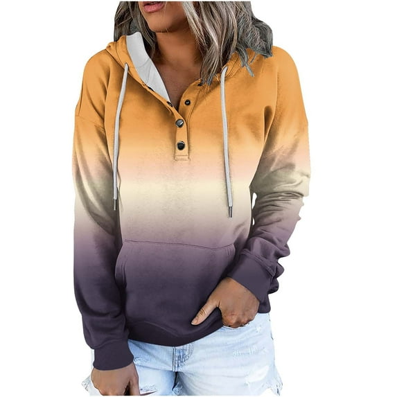 Cmfcve Women's Fall Athletic Pullover Hooded Jacket Gradient Color Button Up Casual Sweatshirt Blouse Long Sleeve Drawstring Track Henly Tops