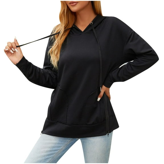 Cmfcve Athletic Work Woman Sweatshirt with Zipper Solid Color High Neck Split Hoodies Loose Fit Long Sleeve Pullover Outerwear Jackets