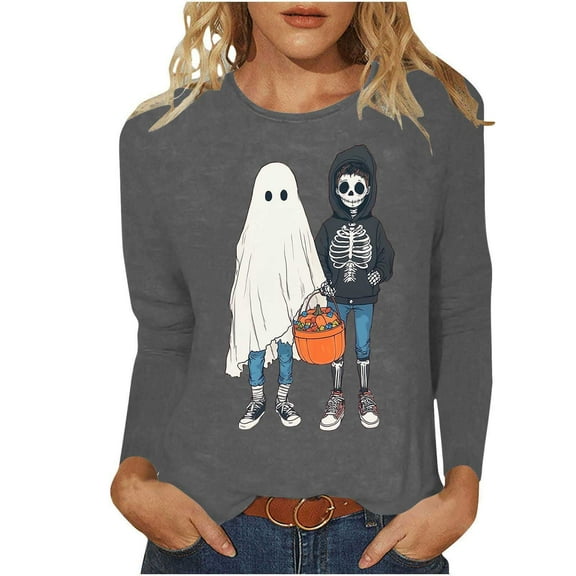 Cmfcve Women's Athletic Undershirts Vintage Printed Pullover Sports Shirt Halloween Crew Neck Long Sleeve Sweatshirt