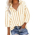 thumbnail image 1 of Cmfcve Cotton Linen Stripe Shirts for Women 3/4 Length Sleeve Lapel Front Button Down Gauze Blouse Versatile Crinkle Loose Casual Work Shirts, 1 of 7
