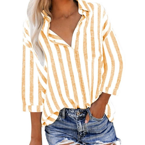 Cmfcve Cotton Linen Stripe Shirts for Women 3/4 Length Sleeve Lapel Front Button Down Gauze Blouse Versatile Crinkle Loose Casual Work Shirts
