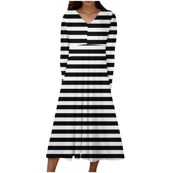 Cmfcve Women's Beach Dress Long Sleeve V-Neck Boho Midi Dress Retro Stripes A-Line Holiday Dresses
