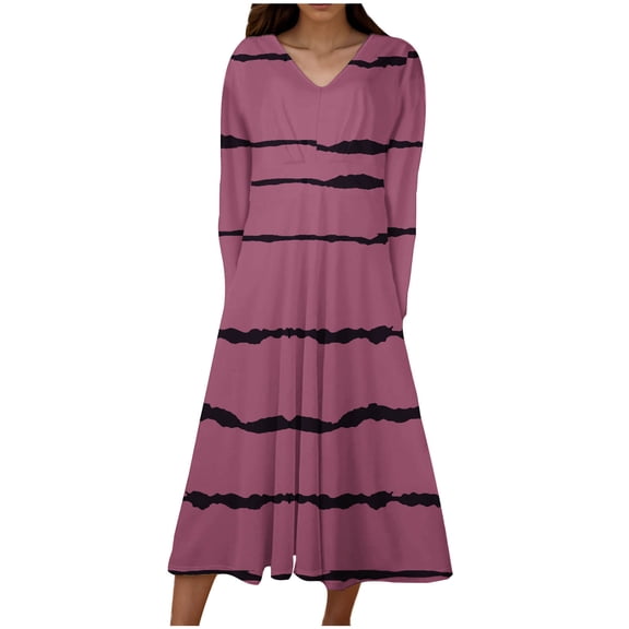 Cmfcve Women's Beach Dress Long Sleeve V-Neck Boho Midi Dress Retro Stripes A-Line Holiday Dresses