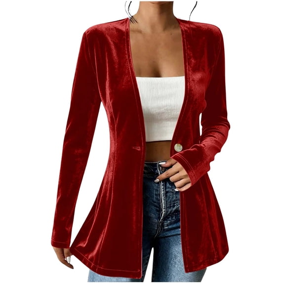 Cmfcve Women's Blazer Cardigan Jacket Velvet Button Open Front Long Sleeve Slim Fit Trendy Business Casual Suit Coat