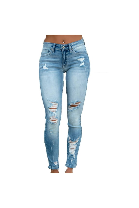 Women's Blue Jeans Mid-Rise Distressed Casual Skinny Jeans Vintage Stretchy Long Denim Pants