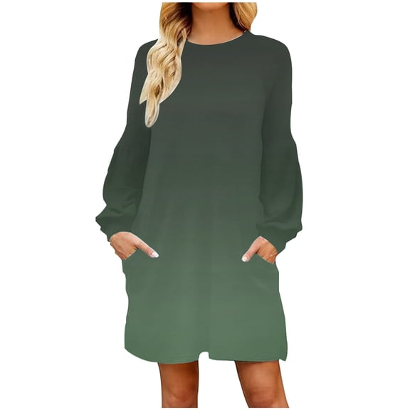 Cmfcve Women's Boho Dress Long Sleeve Round Neck Gradient Midi Dress Loose Fit Straight Maternity Casual Dresses