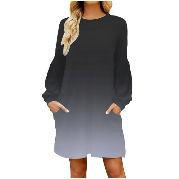 Cmfcve Women's Boho Dress Long Sleeve Round Neck Gradient Midi Dress Loose Fit Straight Maternity Casual Dresses