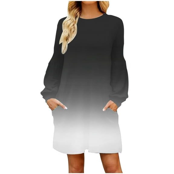 Cmfcve Women's Boho Dress Long Sleeve Round Neck Gradient Midi Dress Loose Fit Straight Maternity Casual Dresses