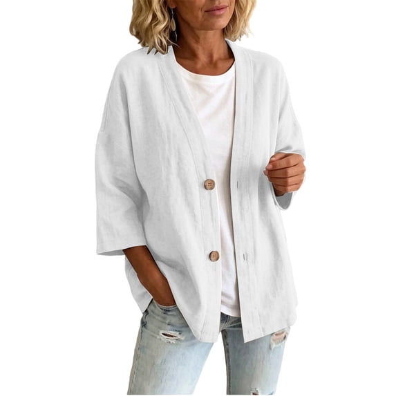 Cmfcve Women's Button-Down Cardigans Cotton Linen Dressy Casual Summer Shirts Fashion 3/4 Sleeve Lightweight Tops