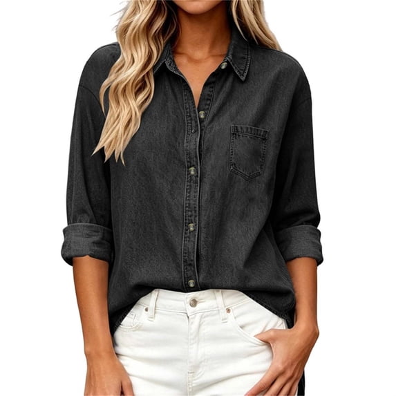 Cmfcve Women’s Button Down Jean Shirt Lapel Long Sleeve Casual Outer Shirt Thin Fall Denim Shirt