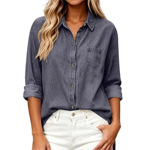 Cmfcve Women’s Button Down Jean Shirt Lapel Long Sleeve Casual Outer Shirt Thin Fall Denim Shirt