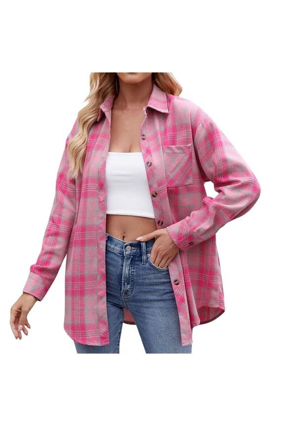 Women's Button Down Shirt Plaid Collared Pullover Jacket Long Sleeve Boyfriend-Style Casual Shirt with Pockets