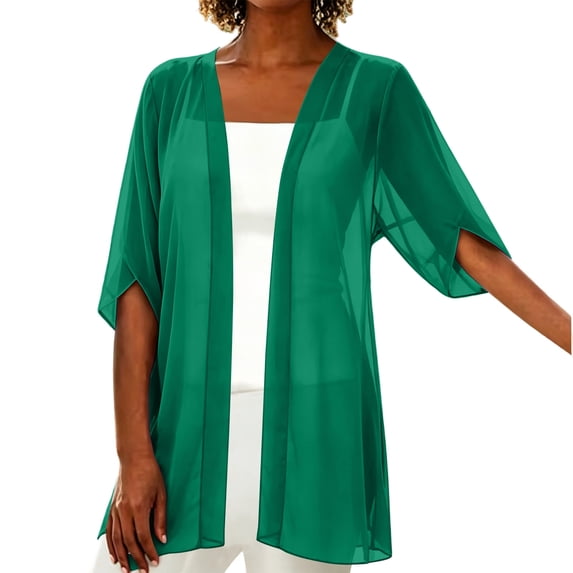 Cmfcve Women's Chiffon Cardigans 3/4 Sleeve Open Front Sheer Kimono Cardigans Lightweight Casual Swimsuit Cover-Ups