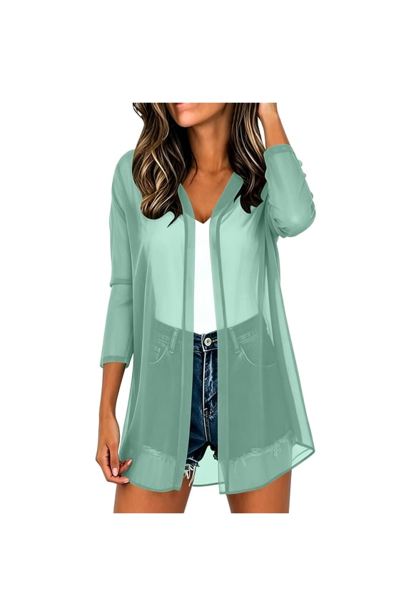 Women's Chiffon Cardigans 3/4 Sleeve Open Front Sheer Kimono Cardigans Lightweight Casual Swimsuit Cover-Ups