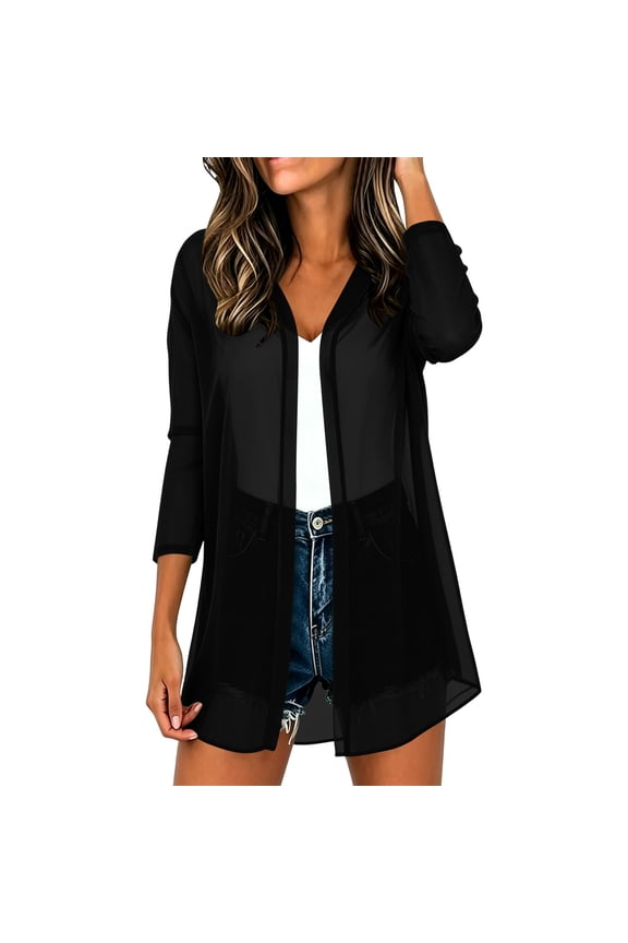 Women's Chiffon Cardigans 3/4 Sleeve Open Front Sheer Kimono Cardigans Lightweight Casual Swimsuit Cover-Ups