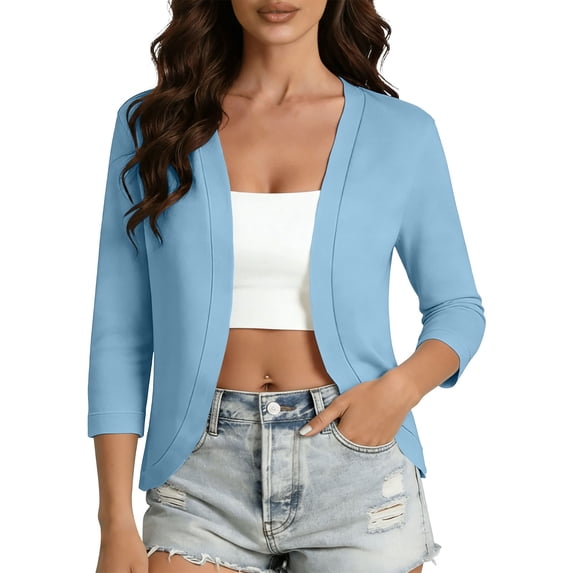 Cmfcve Women's Classic Cropped Cardigans 3/4 Sleeve Open Front Sweaters Lightweight Casual Short Shrugs