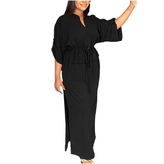 Cmfcve Women's Commuter Dress Loose Fit Waist Cinched Casual Workwear Dress V-Neck Split Solid Color Long Sleeve Dresses