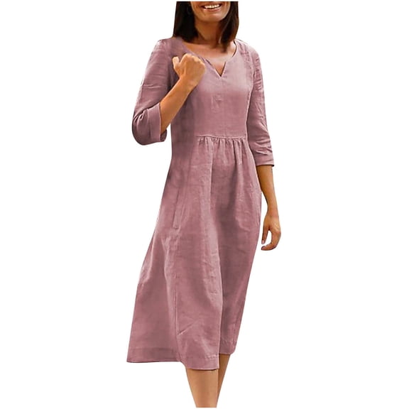 Cmfcve Women's Cotton Linen Dress Oversized 3/4 Long Sleeve Party Dress V-Neck Travel A-Line Midi Dress