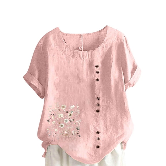 Cmfcve Women's Cotton Linen Tee Shirt Short Sleeve Round Neck Gauze Tops Plus Size Henley Button Blouse