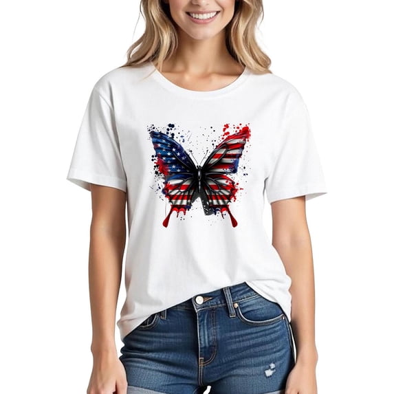 Cmfcve Women's Cotton Tee Shirt Short Sleeve Round Neck Independence Day Blouse Tops Butterfly Printed Sport Tunic Blouse