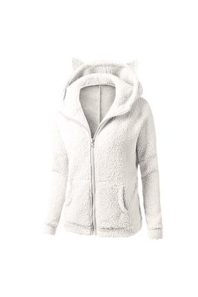 Women's Cute Cat Ear Jacket Fleece Zip Up Pockets Hooded Sweatshirt Long Sleeve Thickened Work Outerwear Coat