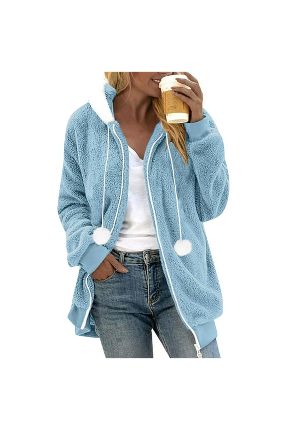 Women's Cute Fleece Jacket Long Sleeve Loose Fit Warm Winter Athletic Hoodies Solid Color Preppy Coat Tops with Drawstring and Pom-Pom Balls
