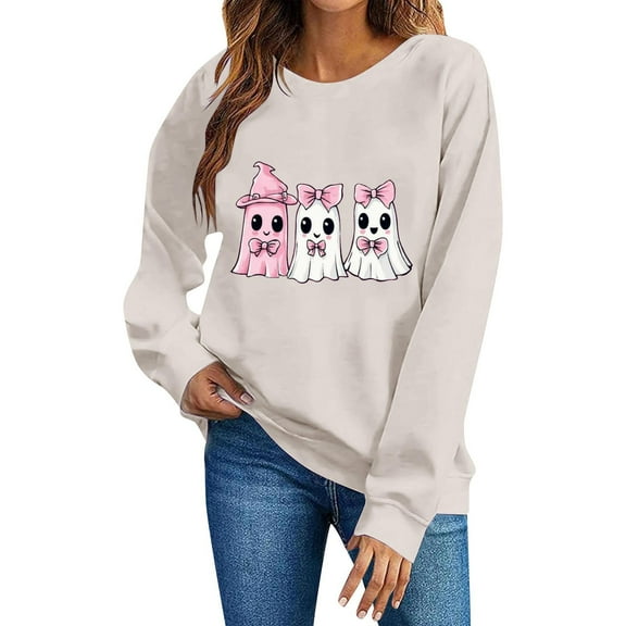 Cmfcve Women's Cute Halloween Town Sweatshirt Long Sleeve Spooky Season Pullover Blouse Vintage Printed Cotton Shirts