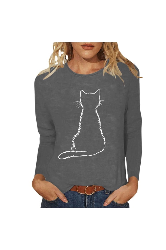 Women's Cute Sweatshirt Halloween Long Sleeve Cat Printed Undershirts Fall Crewneck Graphic Spooky Season Shirts