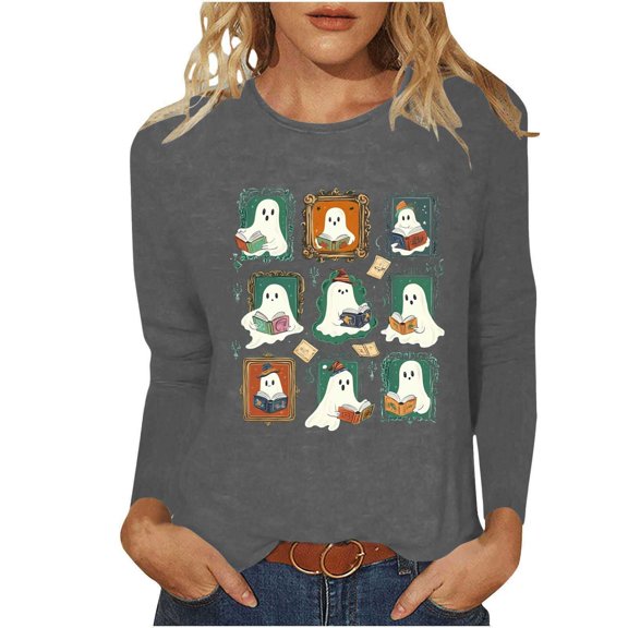 Cmfcve Women's Cute Sweatshirts Breathable Printed Spooky Season Undershirts Long Sleeve Stretch Pullover Shirts Blouse