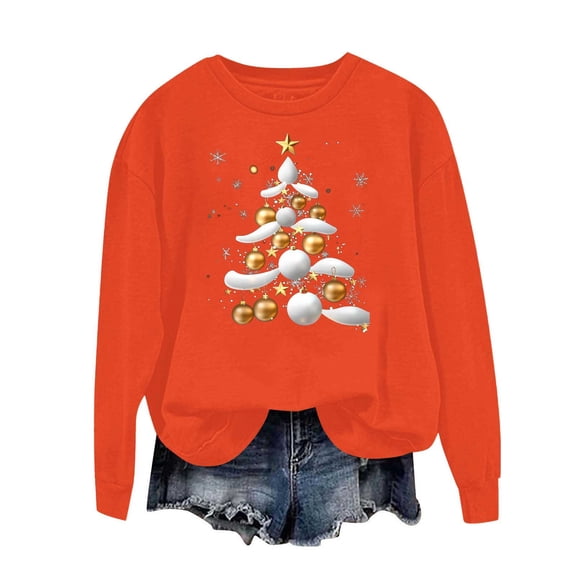 Cmfcve Women's Cute Xmas Sweatshirt Plus Size Christmas Tree Print Pullover Long Sleeve Crew Neck Holiday Base Apparel