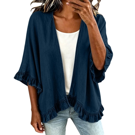 Cmfcve Women's Denim Jacket Open Front Vintage Jean Jackets 3/4 Ruffled Sleeve Lightweight Denim Cardigan