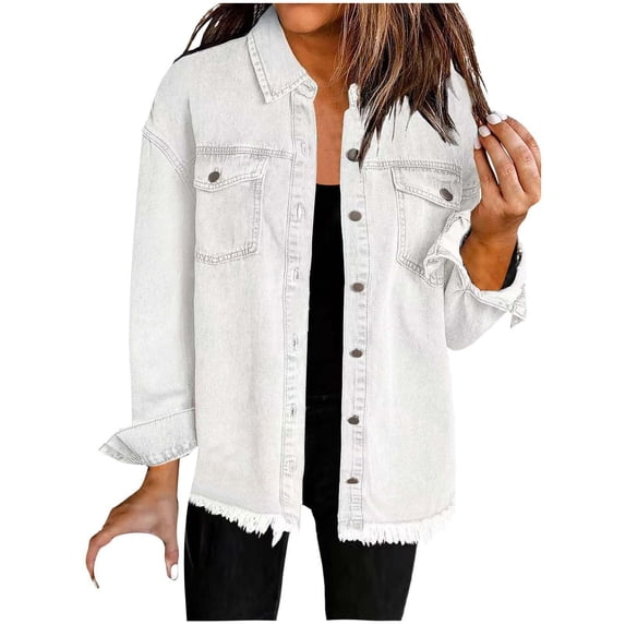 Cmfcve Women's Denim Jacket Vintage Distressed Frayed Hem Button-Up Jean Top Coat Long Sleeve Turndown Collar Pocket Shirt Cardigan