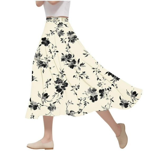 Cmfcve Women's Fashion Flower Printing Leisure Time Skirt, Casual A Character Elastic Waist Long Flowy Skirts