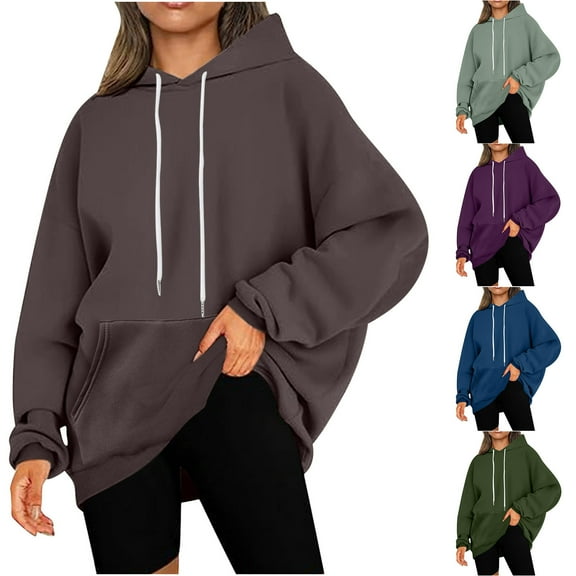 Cmfcve Women's Fashion Hoodies & Sweatshirts Casual Solid Color Long Sleeve Hooded Sweatshirt Crew neck Pullover Fall Workout Top Blouse with Pocket