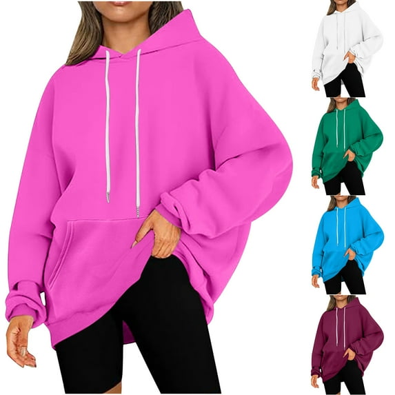 Cmfcve Women's Fashion Hoodies & Sweatshirts Casual Solid Color Long Sleeve Hooded Sweatshirt Crew neck Pullover Fall Workout Top Blouse with Pocket
