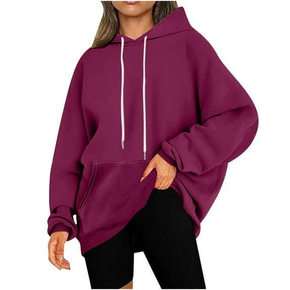 Cmfcve Women's Fashion Hoodies & Sweatshirts Casual Solid Color Long Sleeve Hooded Sweatshirt Crew neck Pullover Fall Workout Top Blouse with Pocket
