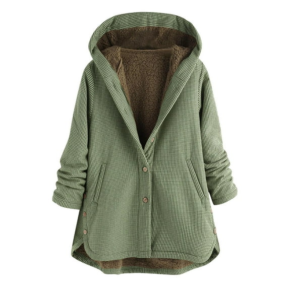 Cmfcve Women's Fleece-Lined Plaid Jacket Plus Size Crew Neck Button-Up Hooded Coat Long Sleeve Warm Sweatshirt Cardigan